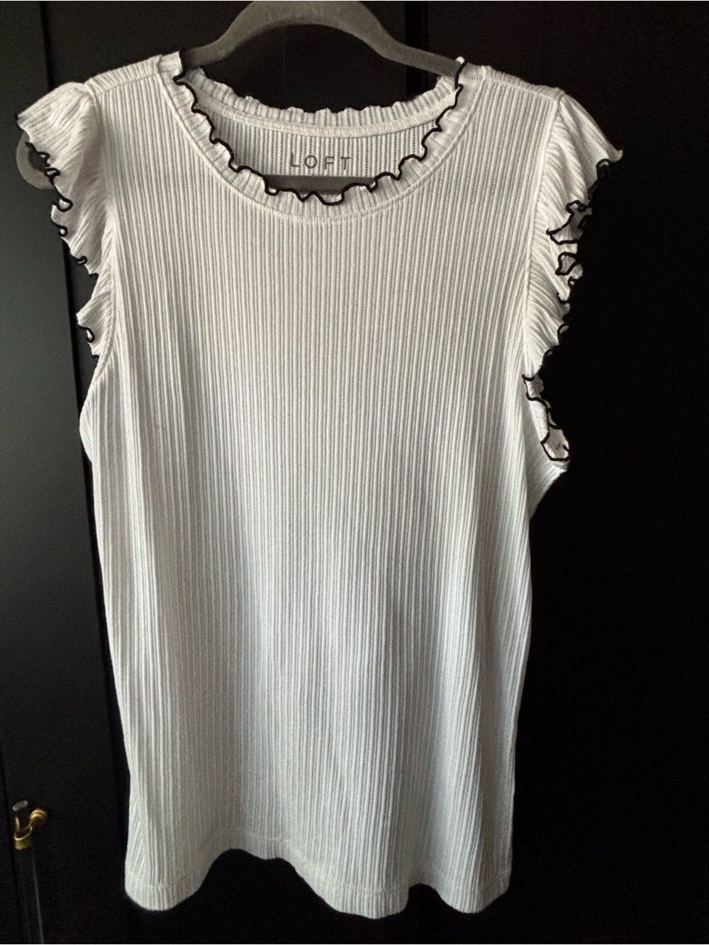 LOFT White Ribbed Sleeveless Shell with Black Trim